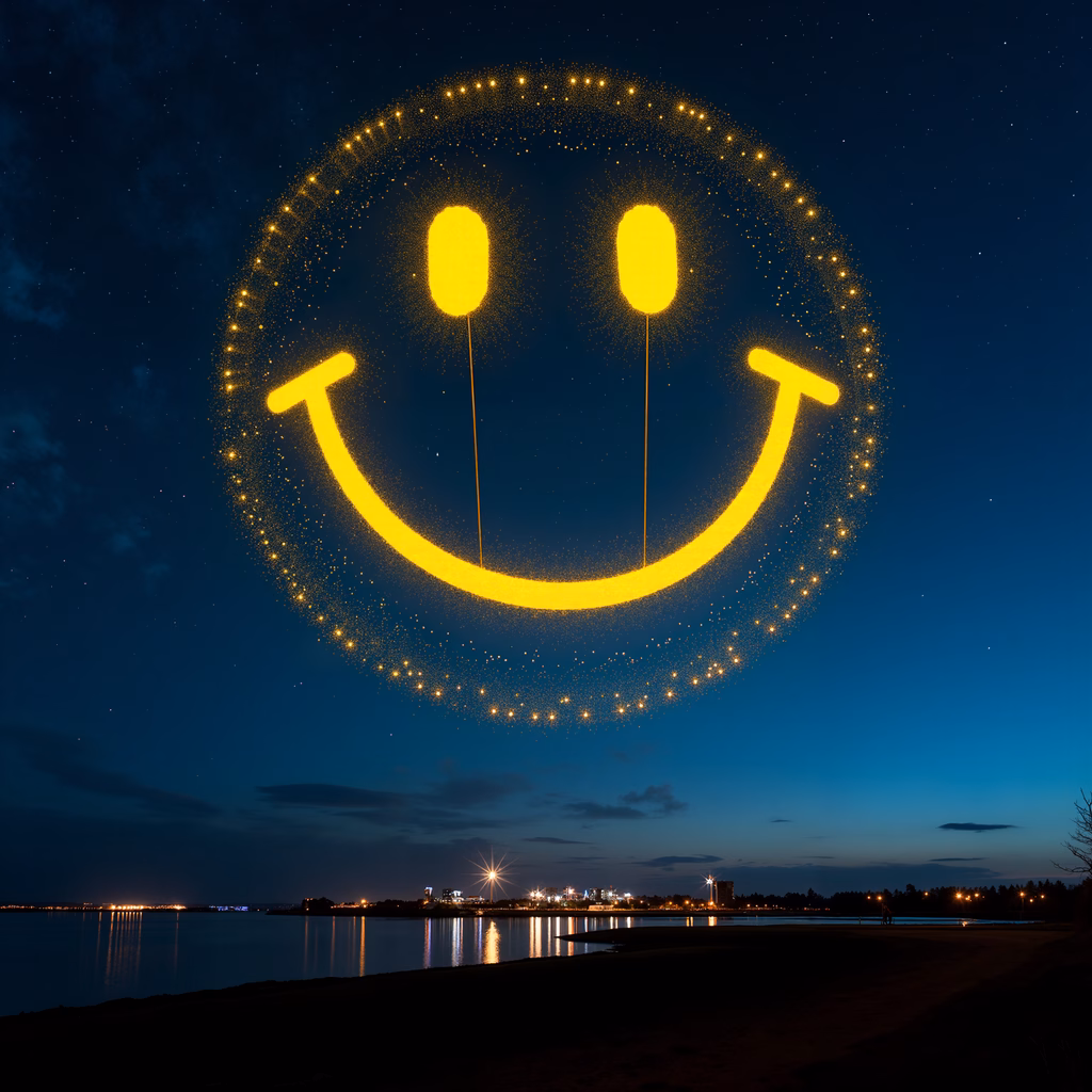 Glowing smiley face over a peaceful night beach scene.