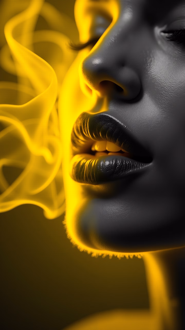 Close-up of a woman exhaling vibrant yellow smoke, creating a dramatic and surreal effect.
