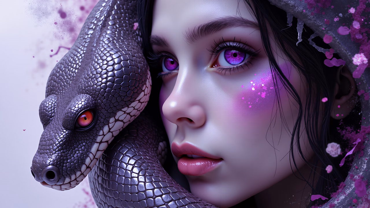 Surreal fantasy illustration featuring a snake and a woman's face.