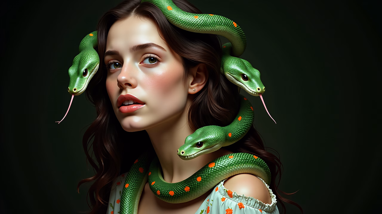 A serene woman embraced by three vibrant green snakes with orange spots, creating a surreal and naturalistic atmosphere.