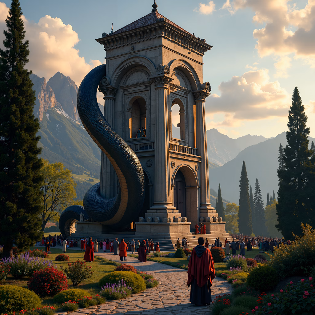 A majestic snake-entwined temple amidst nature, symbolizing fantasy and mysticism.
