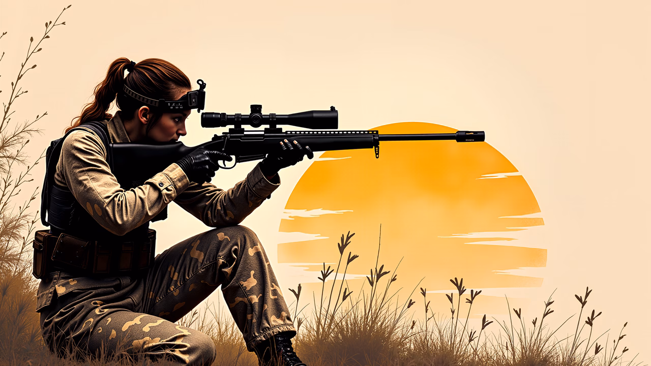 Precision sniper in a serene sunset setting, capturing the essence of military art.