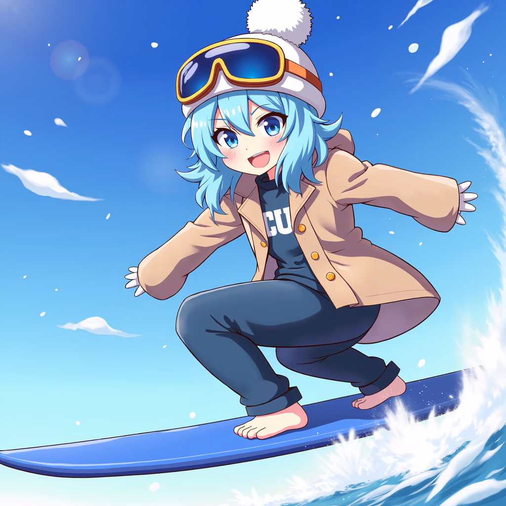 Anime girl snowboarding on a sunny day, vibrant colors and playful energy.
