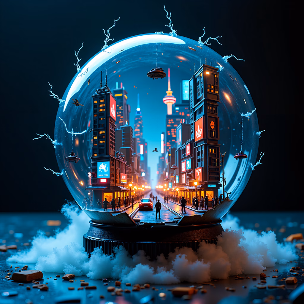 Futuristic cityscape in a snowglobe, neon-lit skyscrapers, floating spaceships, ethereal glow.