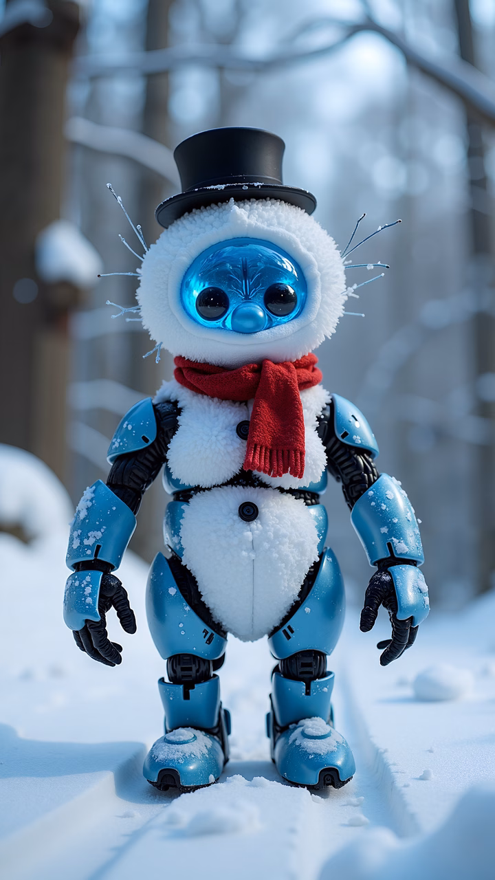 A charming snowman robot in a snowy forest setting.