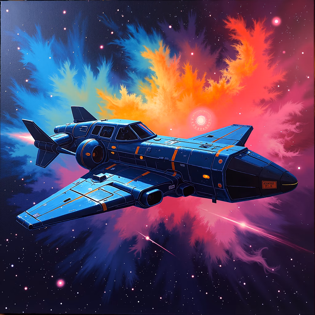 Futuristic spaceship navigating a colorful nebula in space.