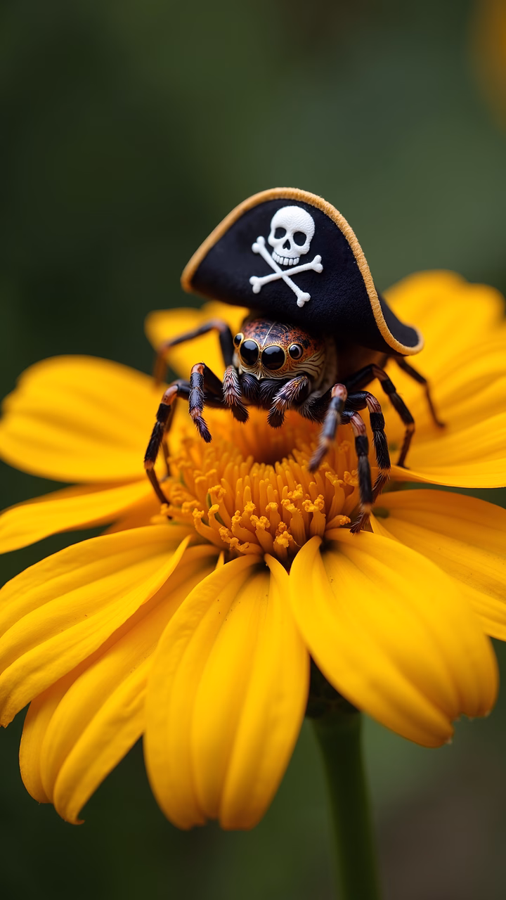 Whimsical spider pirate on a bright yellow flower, blending nature and fantasy.
