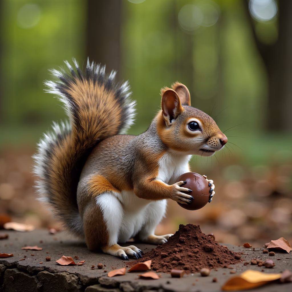 A squirrel holding a nut in a forest setting, showcasing nature photography.