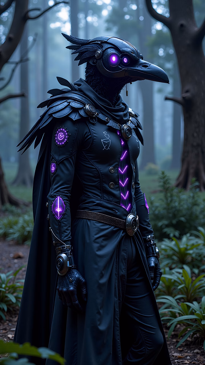 Steampunk crow in a misty forest, blending Victorian and futuristic elements.