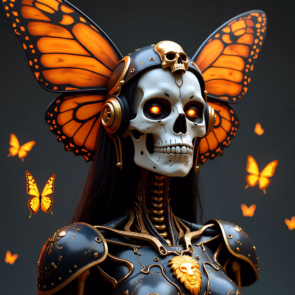 Steampunk skeleton with glowing eyes and golden armor surrounded by butterflies.