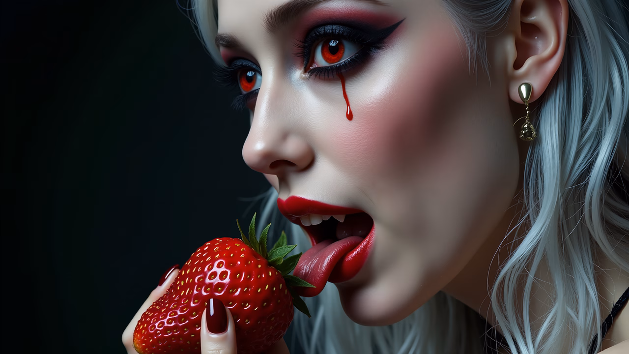 Bold makeup and a juicy strawberry create a dramatic and intense illustration.