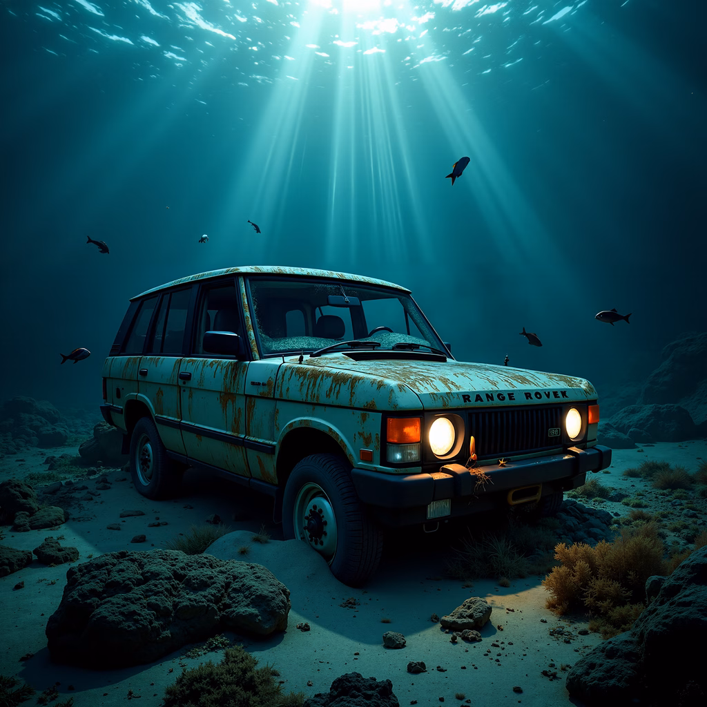 A rusted Range Rover under water, glowing headlights, mysterious underwater scene.