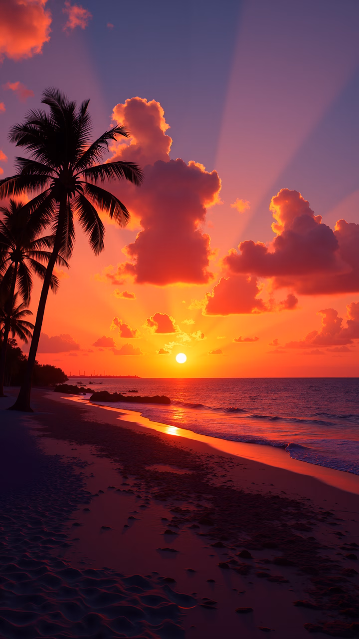 A tranquil sunset beach scene with vibrant colors and palm trees silhouettes.