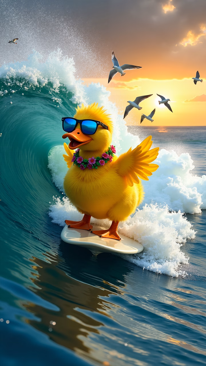 A duck surfing at sunset with seagulls flying around.