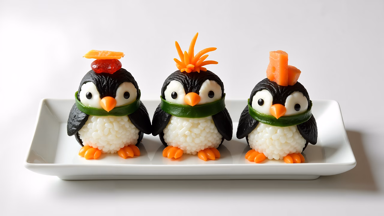 Playful sushi penguins made from rice and seaweed, adorned with colorful toppings.