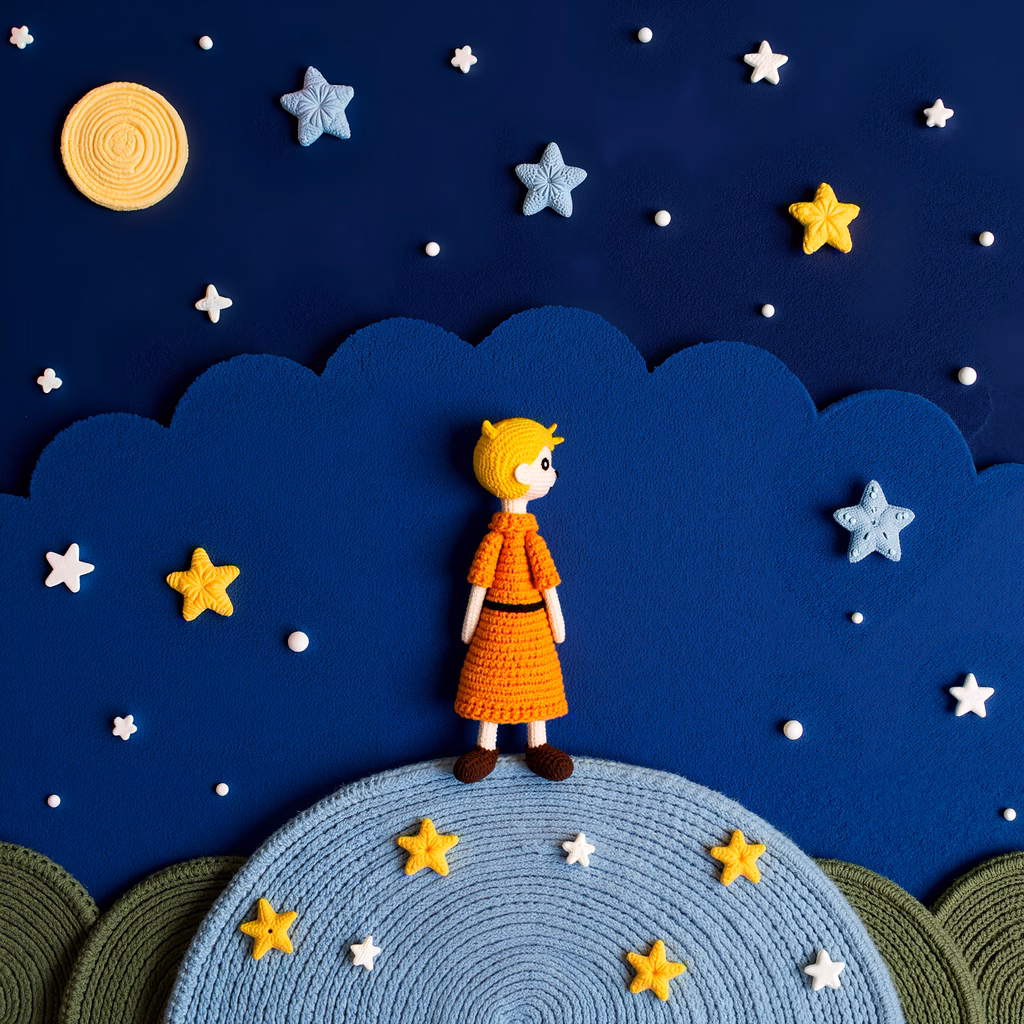 A whimsical illustration of the Little Prince under a starry night sky.