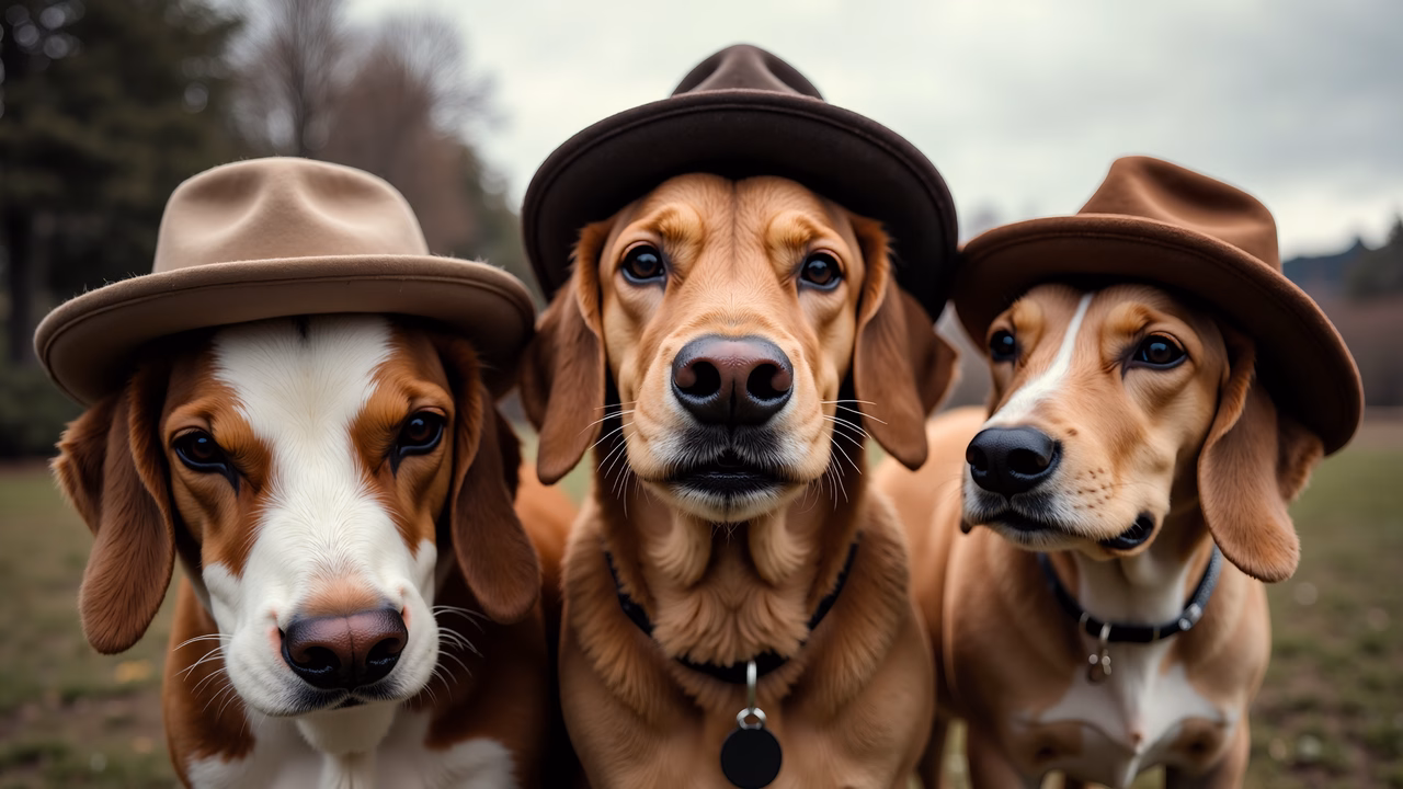 Three adorable dogs wearing hats, standing together in a serene outdoor setting.