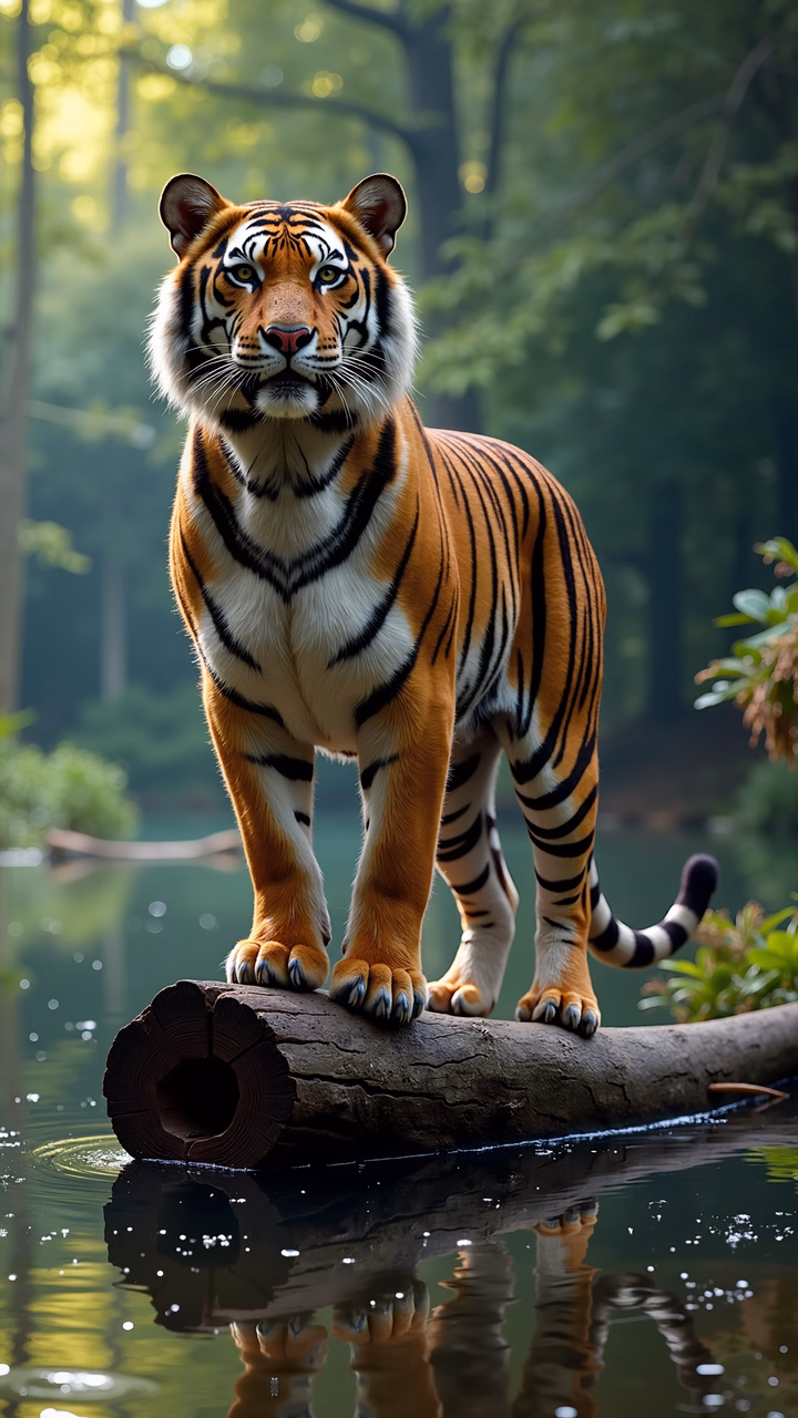 A majestic tiger poised on a log in a tranquil forest setting.