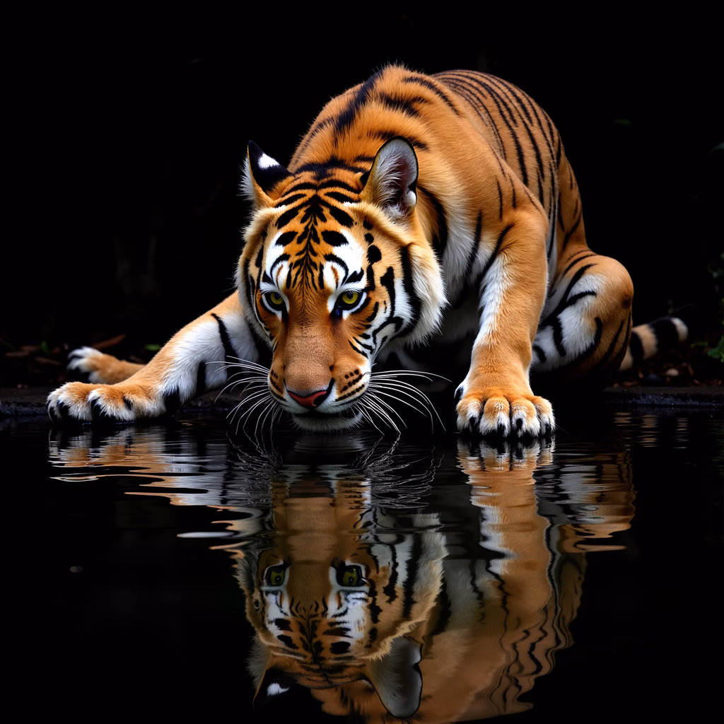 Majestic tiger captured mid-stride with its reflection on water.