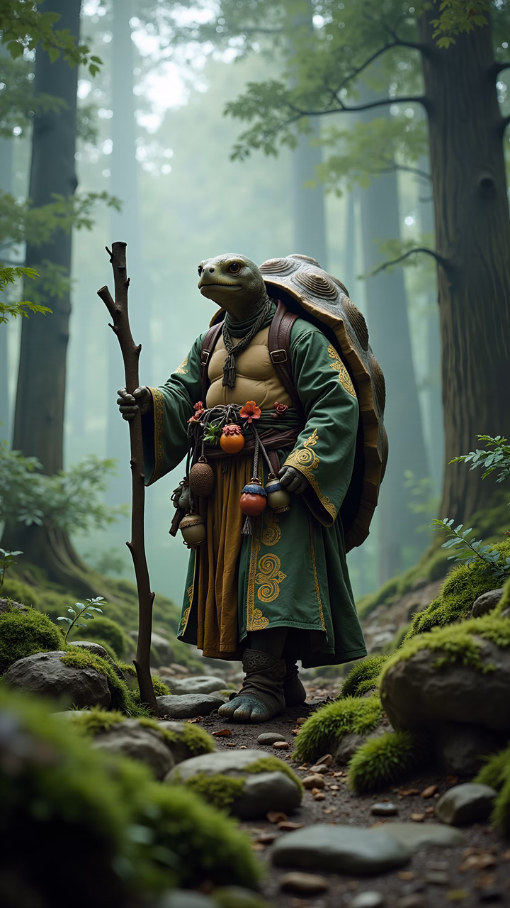 Mystical tortoise warrior in a foggy forest