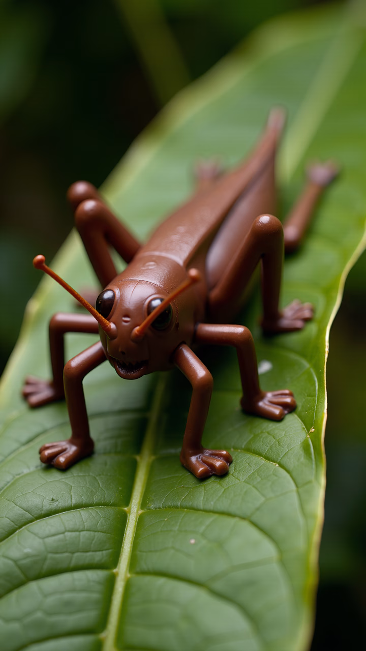 Close-up of a toy grasshopper on a green leaf, highlighting its whimsical design and vibrant colors.