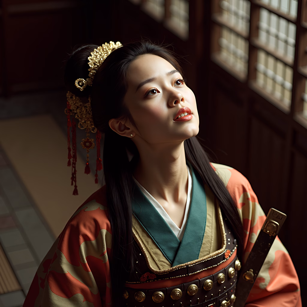 Elegant portrait of a woman in traditional Japanese kimono, set against a serene backdrop.
