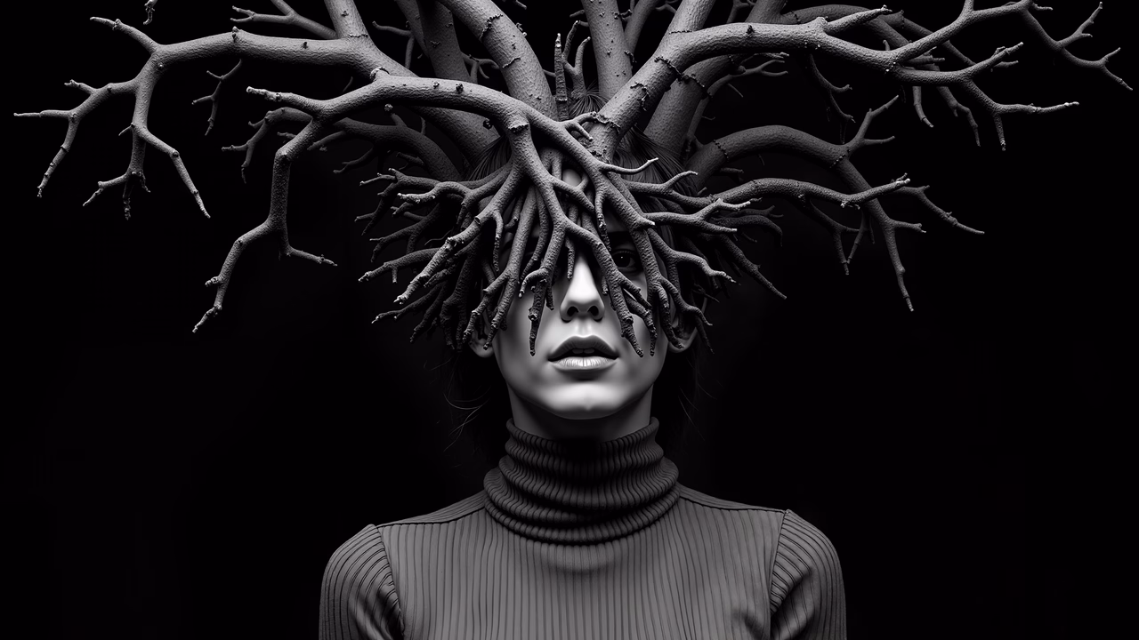 Black-and-white illustration of a woman with tree branches as hair, blending human and natural elements.