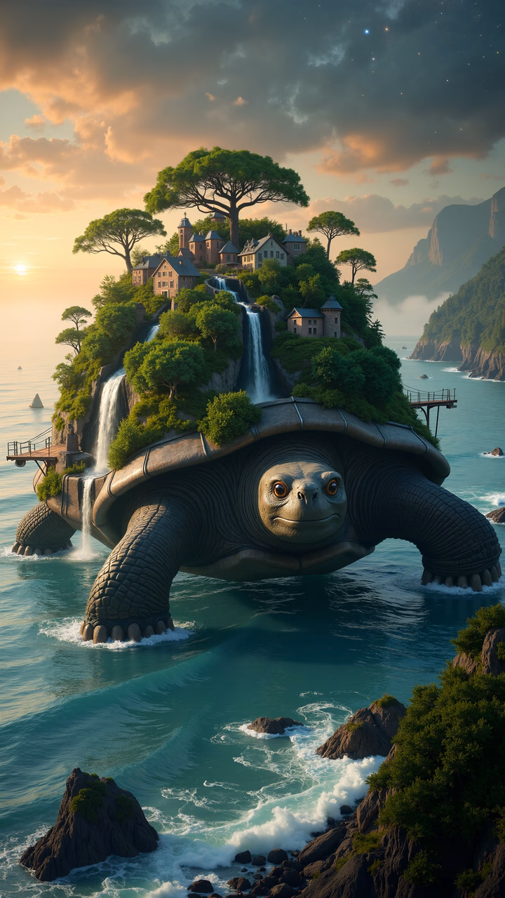 A fantastical island floating on a giant turtle, surrounded by lush greenery and cascading waterfalls, bathed in warm sunset light.