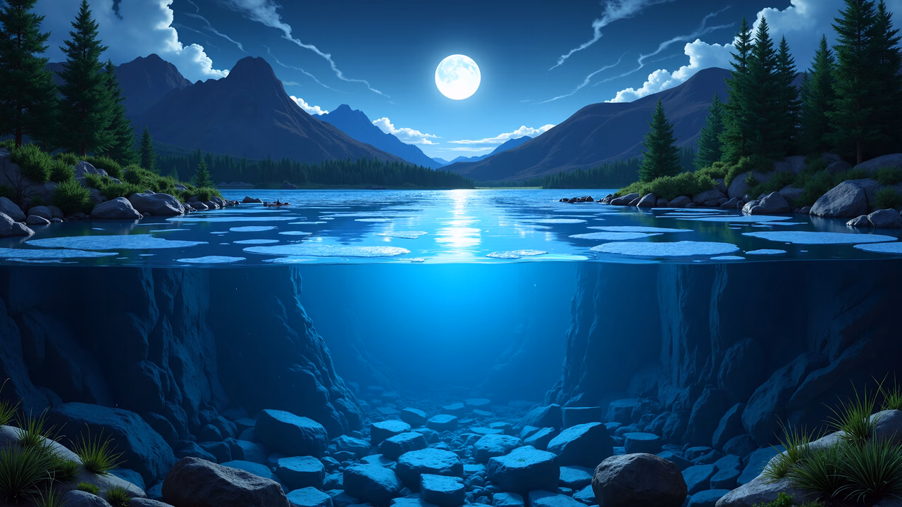 A split landscape illustration featuring a peaceful lake and a mysterious underwater scene.
