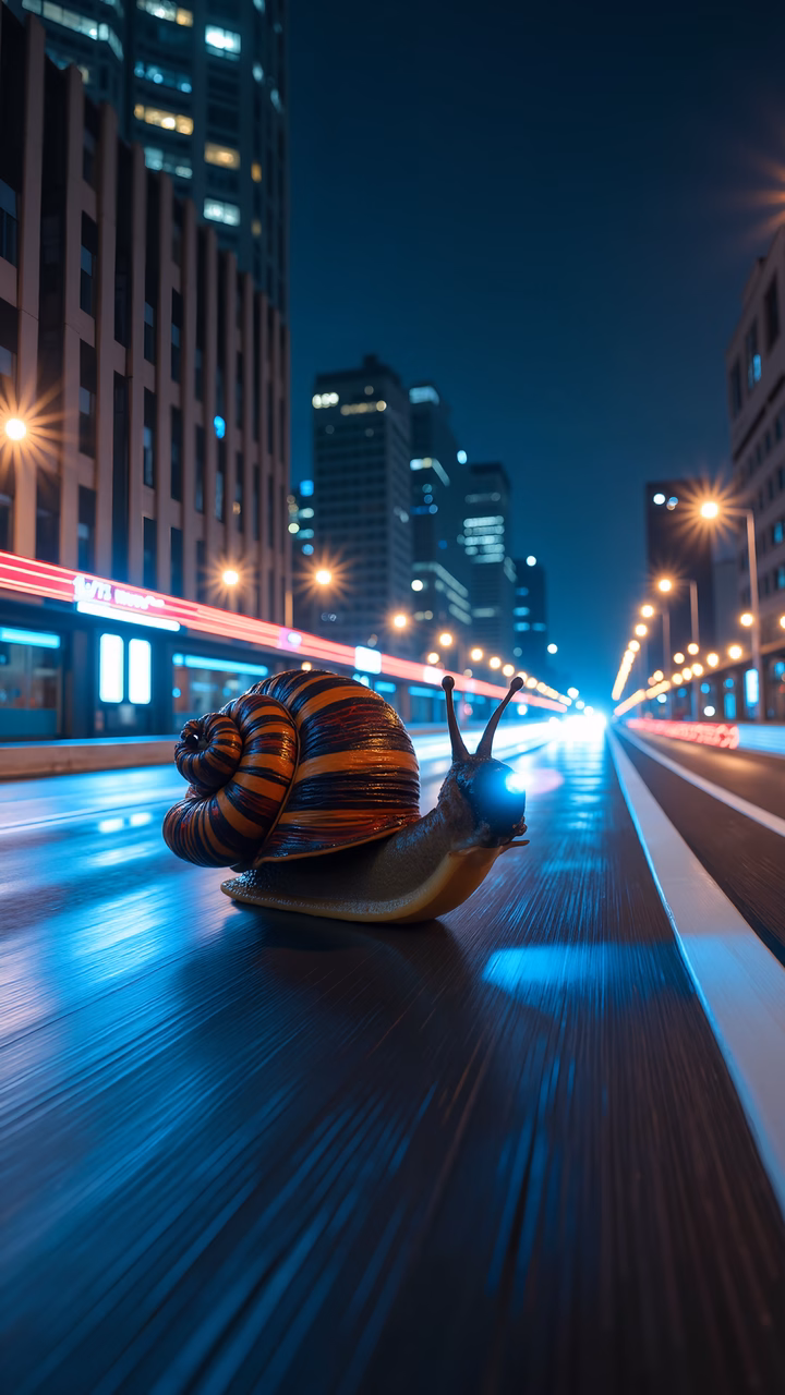 A snail with a striped shell on a city street at night, illuminated by neon lights and streetlights.