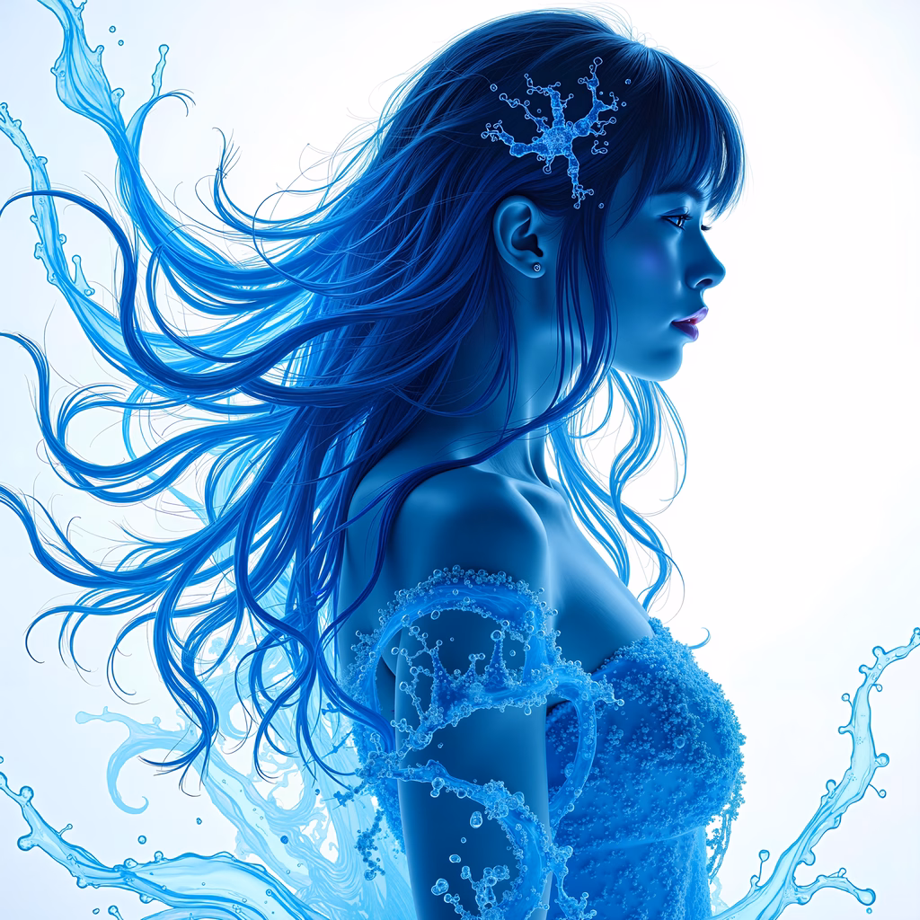 Ethereal water spirit with flowing blue hair and dynamic splashes of water.