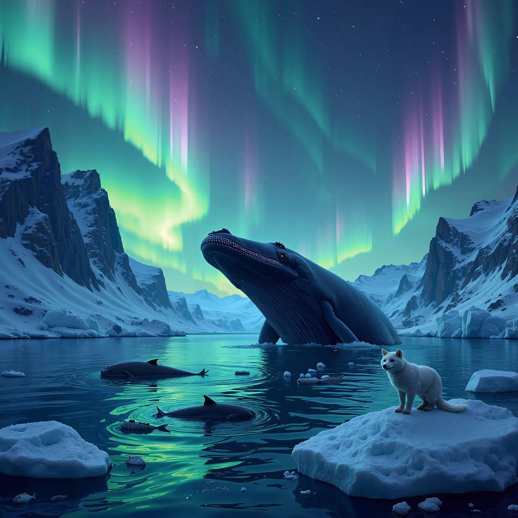 A whale and aurora illustration featuring a fox on an ice floe in a snowy landscape.