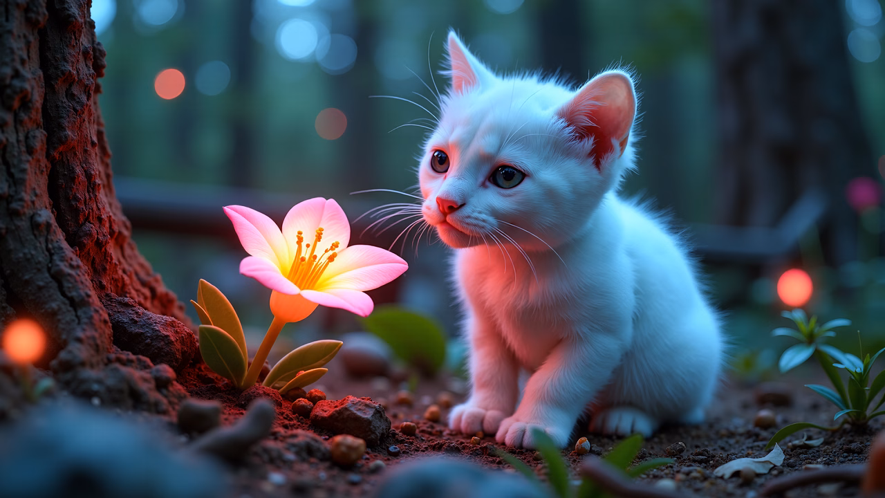 A whimsical illustration of a kitten and a flower in a magical setting.