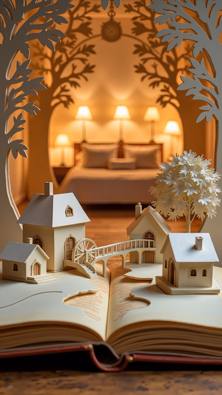Miniature paper town in an open book, evoking warmth and nostalgia.