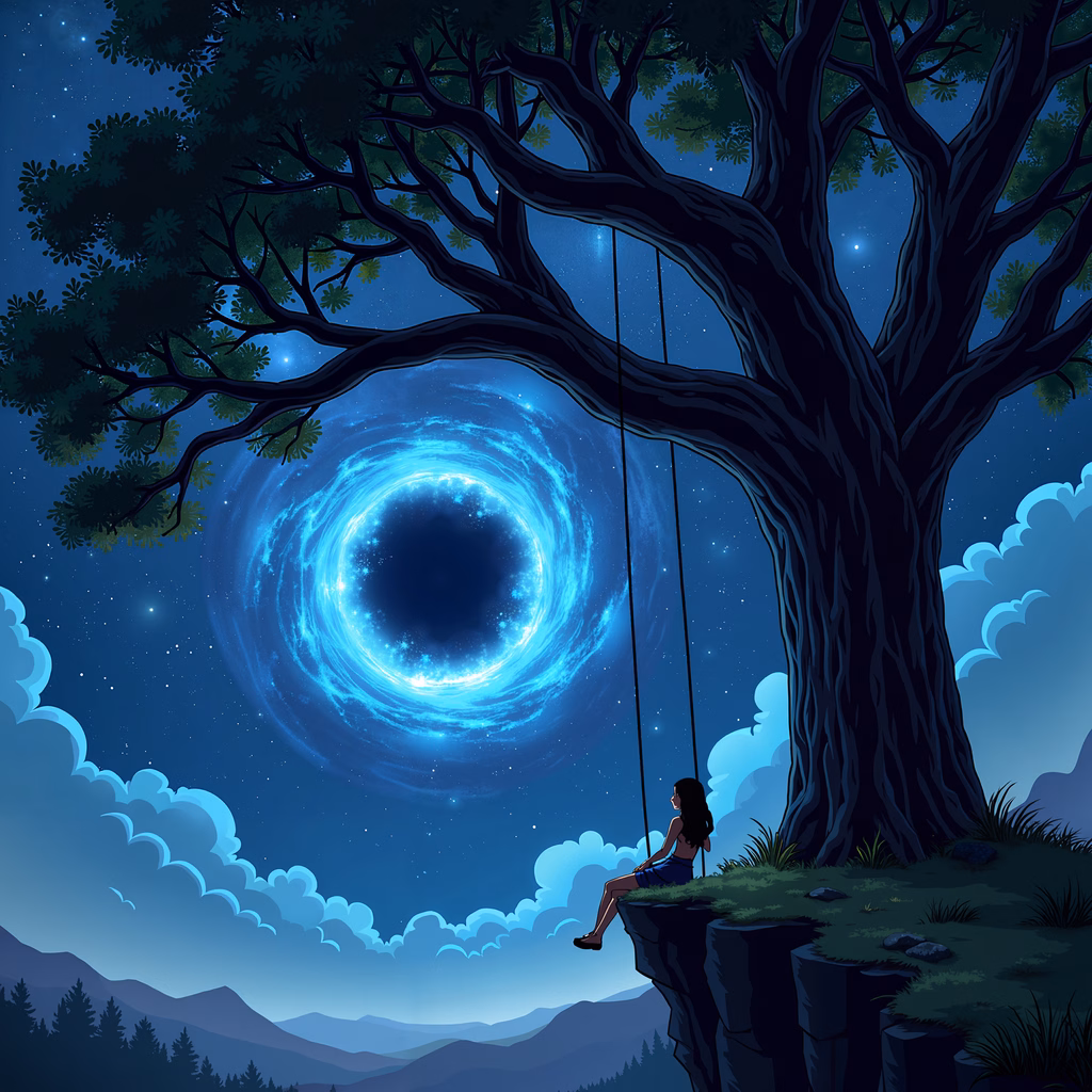 Woman swinging under a starlit sky with a cosmic swirl above her.
