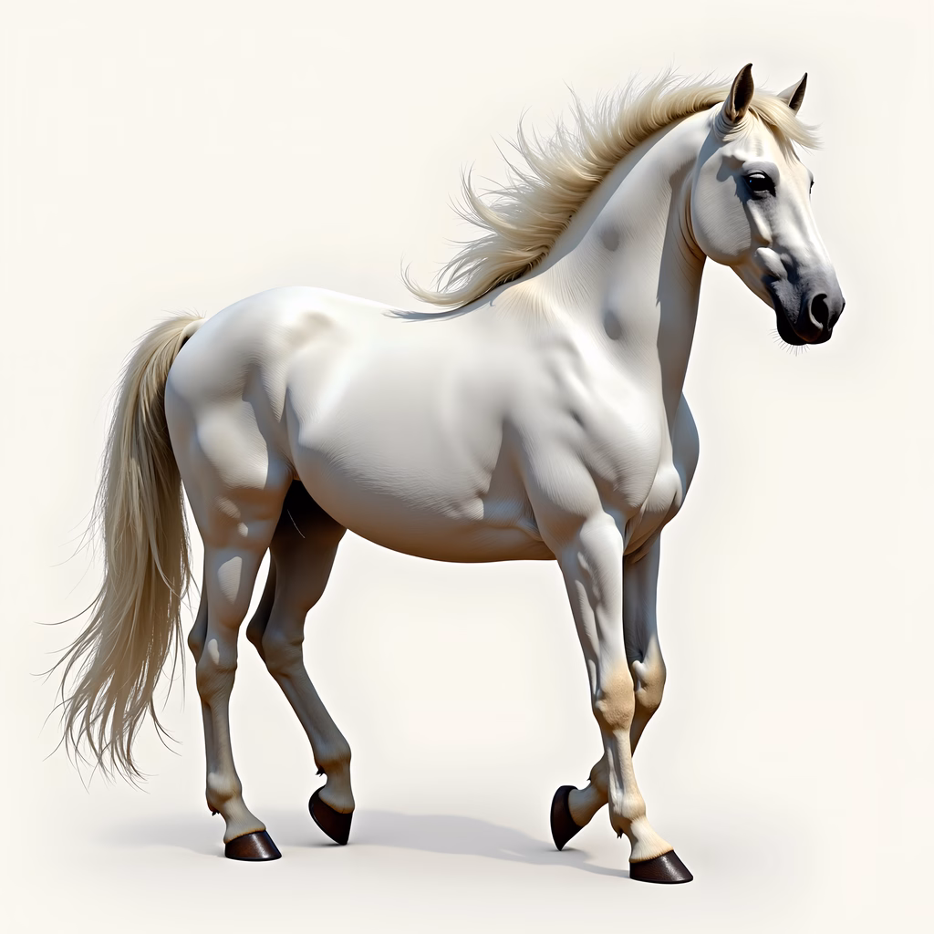 Graceful white horse in mid-stride, minimalist background, soft pastel colors.
