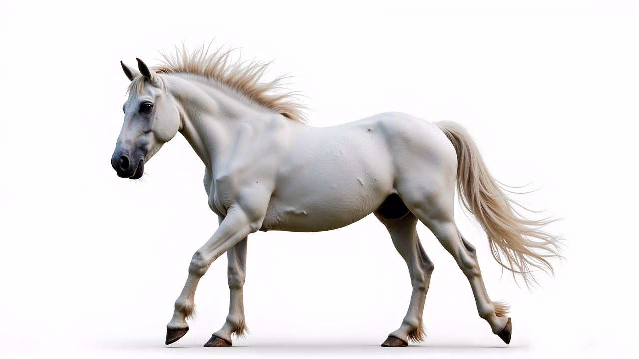 Graceful white horse in motion against a clean white backdrop.