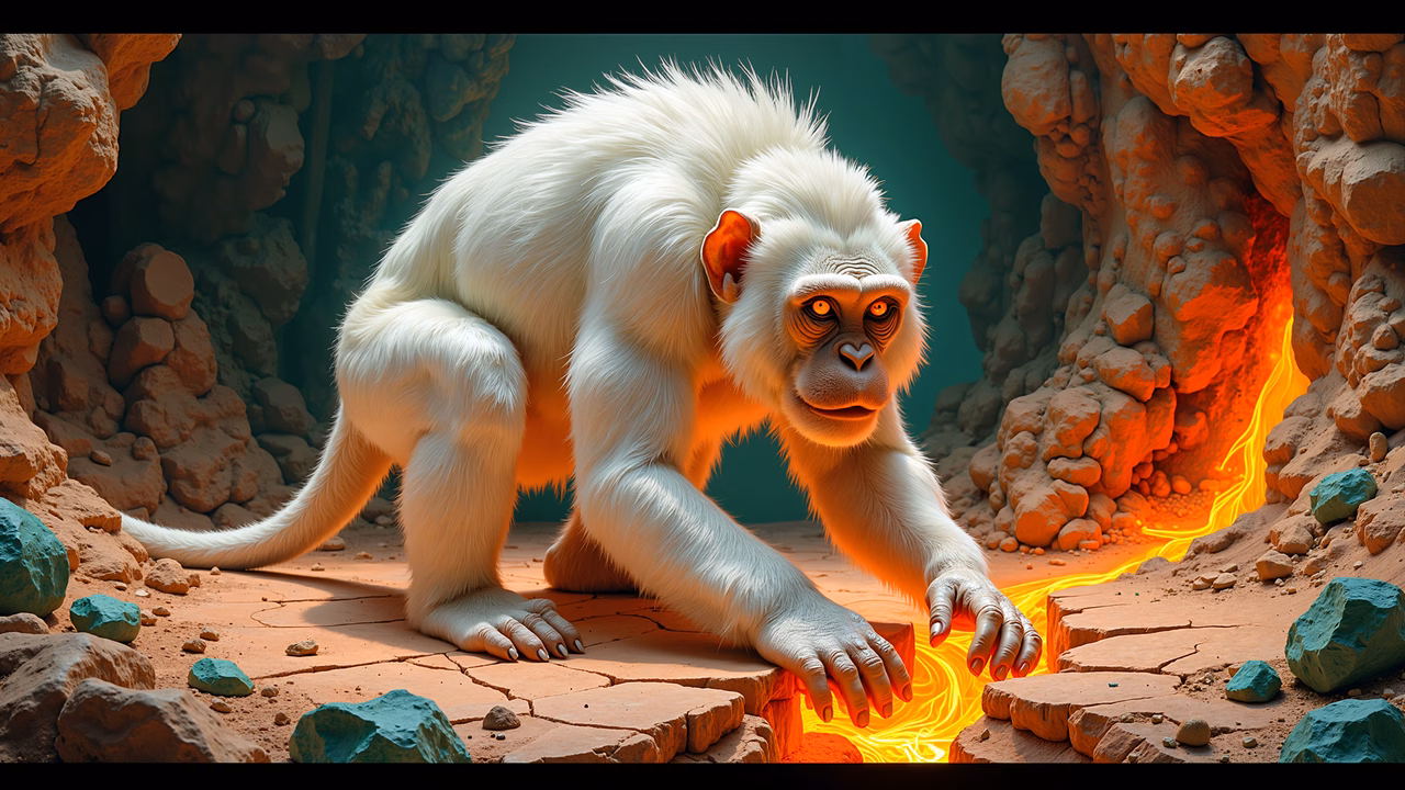 A white monkey in a fiery cave, blending fantasy and adventure.