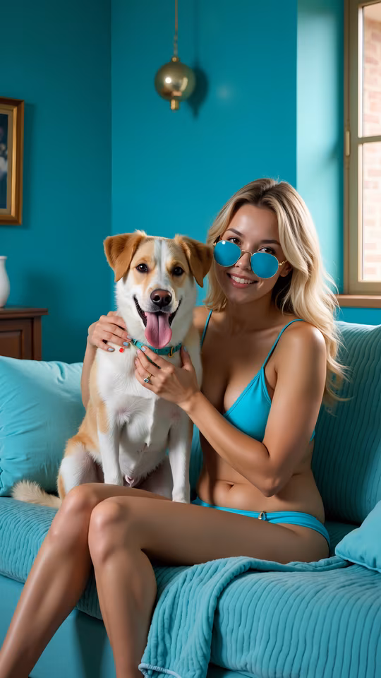 Woman and Dog in Aqua Room
