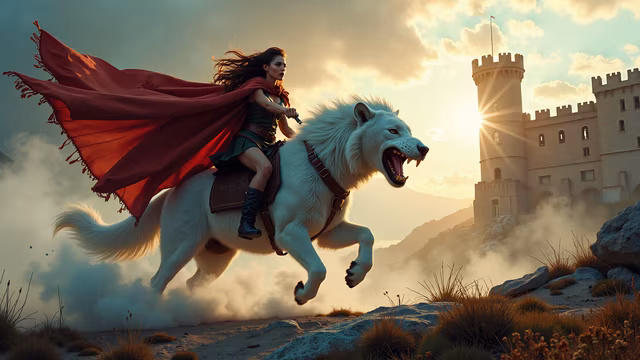 Woman Riding White Wolf