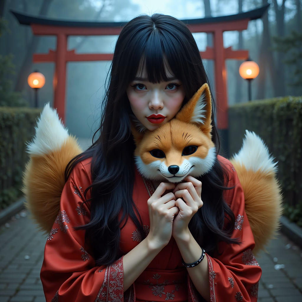 Mystical woman in red kimono holding fox mask in serene Japanese garden setting.