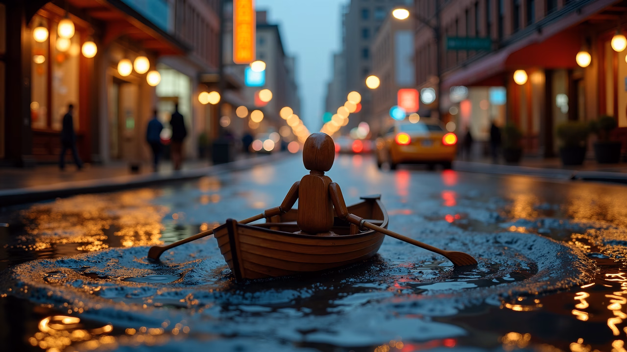 A wooden figure rowing in a rain-soaked urban setting, blending tranquility with urban vibrancy.