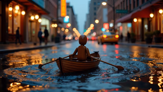 Wooden Figure Rowing in Rainy City