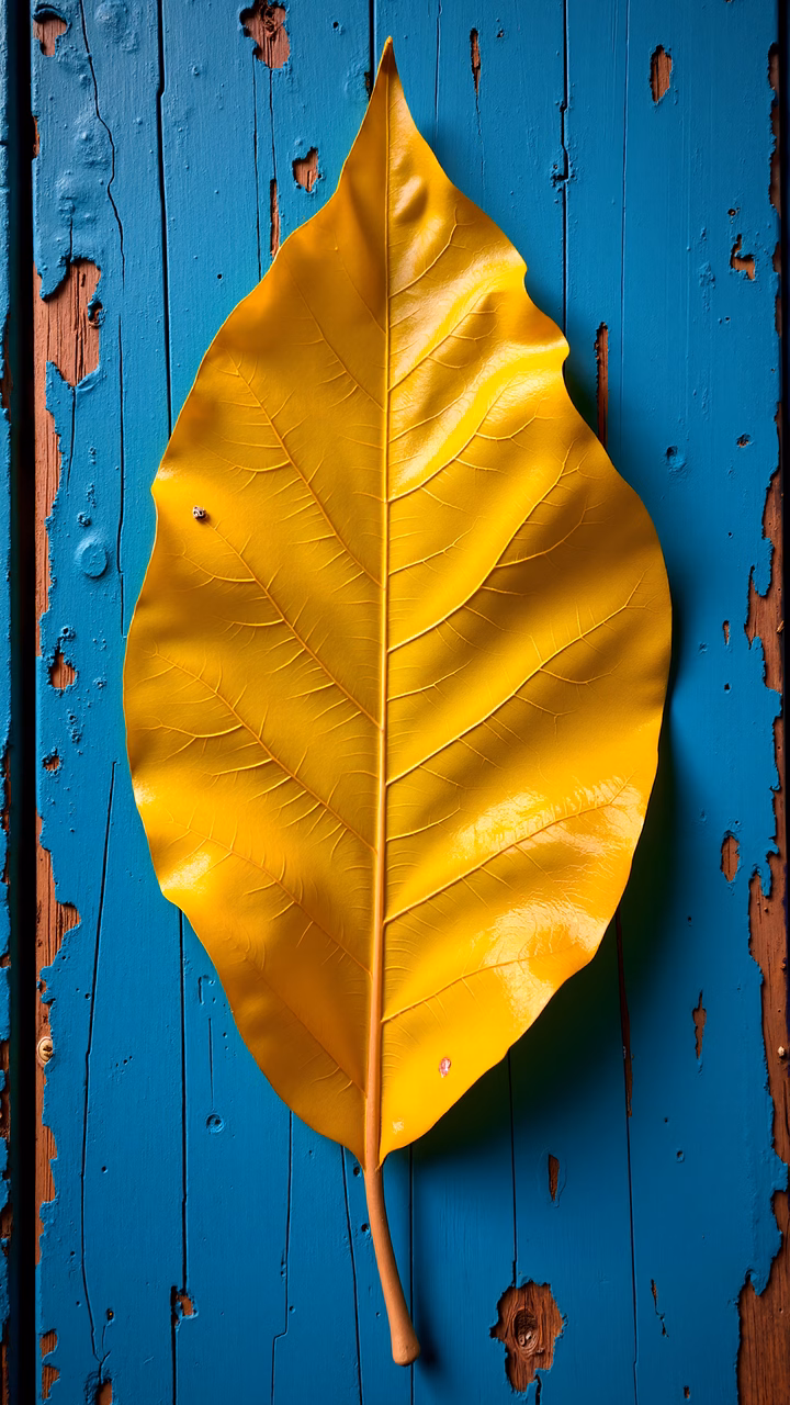 Bright yellow leaf on a peeling blue wall, symbolizing autumn's natural beauty.