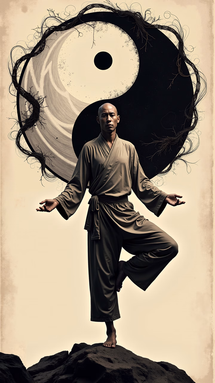 A serene meditation scene with a Yin Yang symbol and traditional robes.