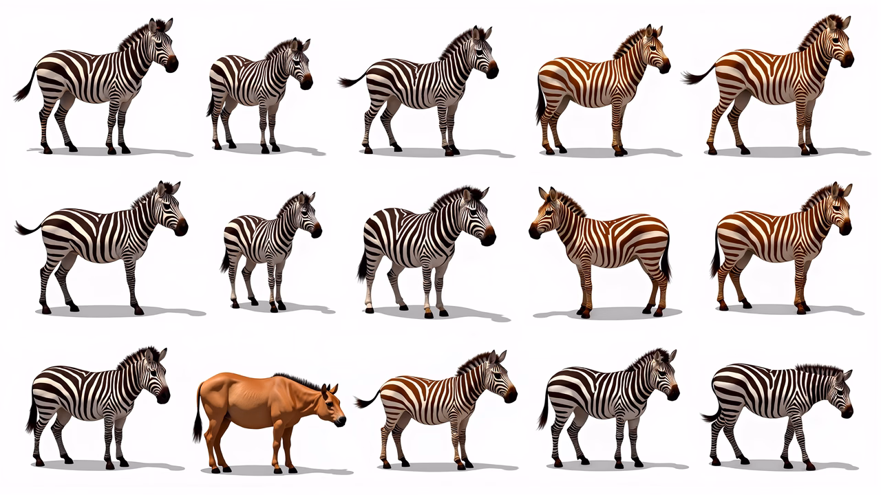 A vibrant illustration of zebras in different colors and poses.