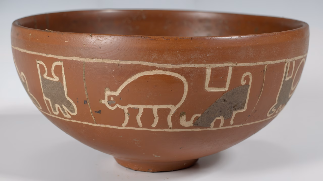 Terracotta bowl with white animal motifs, ancient pottery, minimalist design