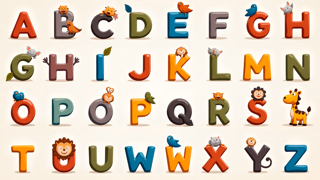 Brightly colored alphabet with cute animal characters for kids.