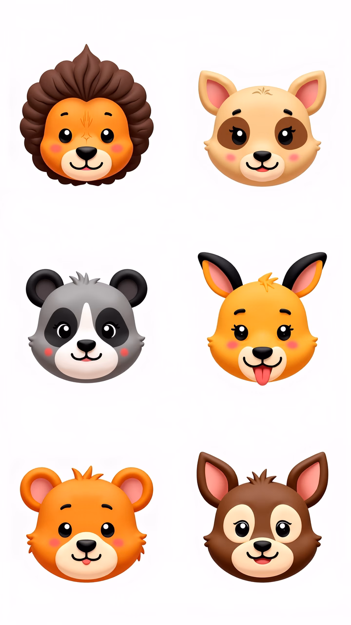 Cute cartoon animal faces in a playful and whimsical style.