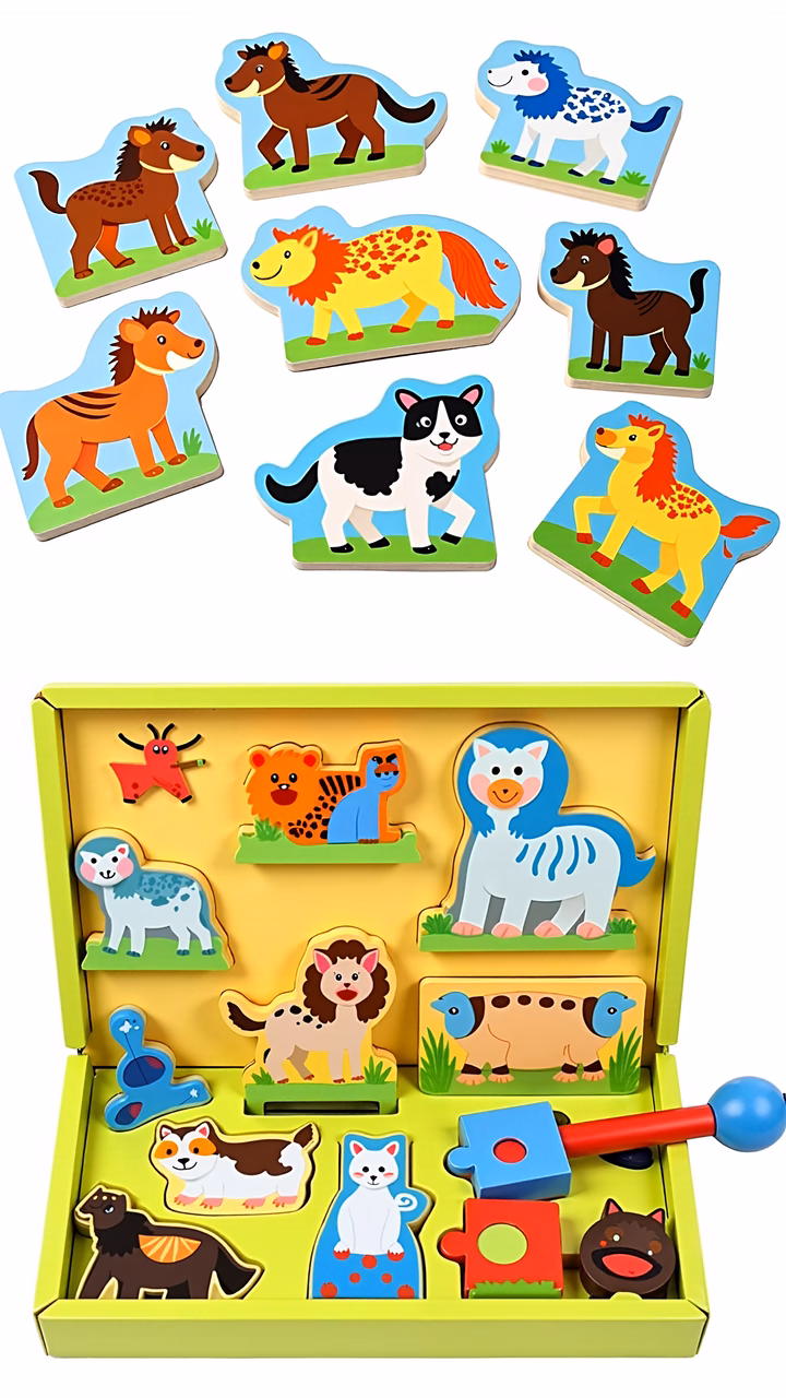 Brightly colored animal puzzles for kids, featuring simple and expressive designs.
